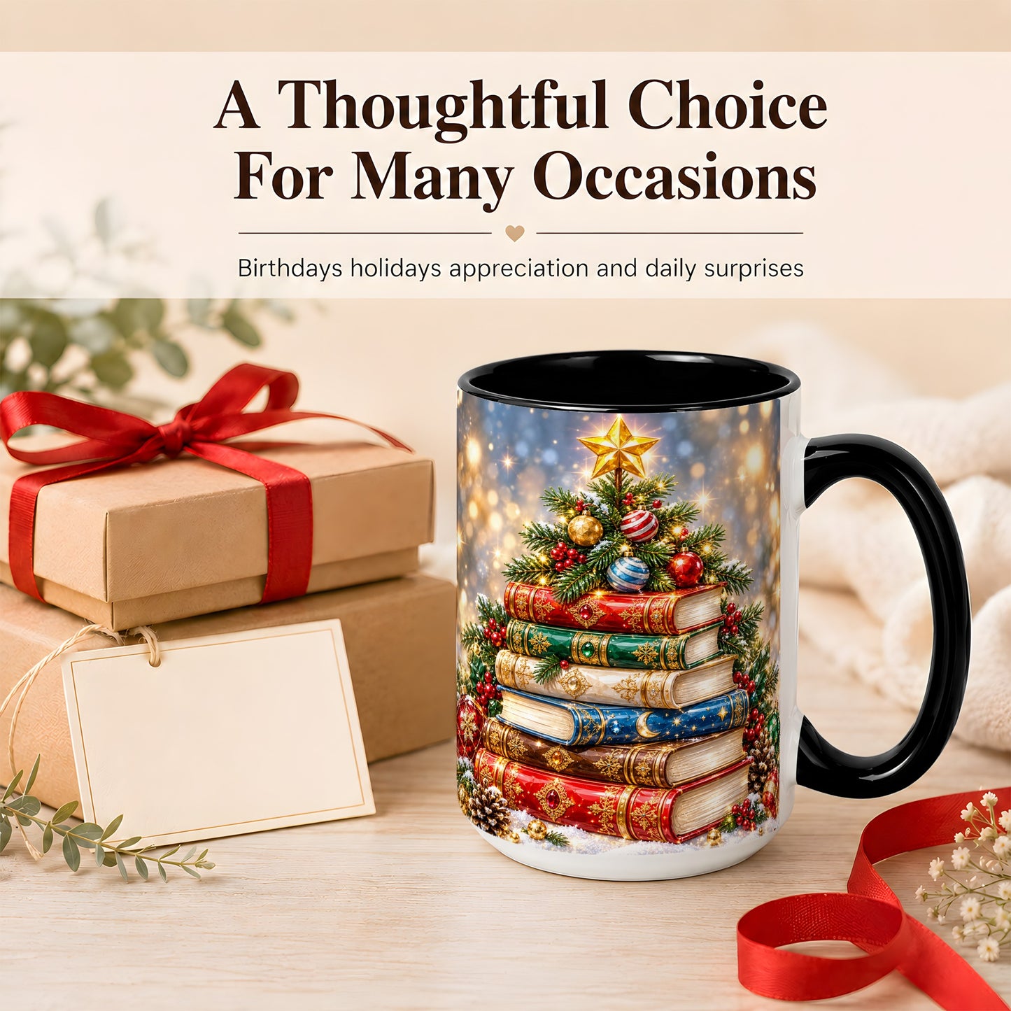 #pl[15oz|Black] Jeweled Christmas Book Tree Coffee Mug, Book Mug, Ceramic Cup
