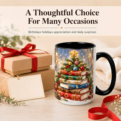 #pl[15oz|Black] Jeweled Christmas Book Tree Coffee Mug, Book Mug, Ceramic Cup