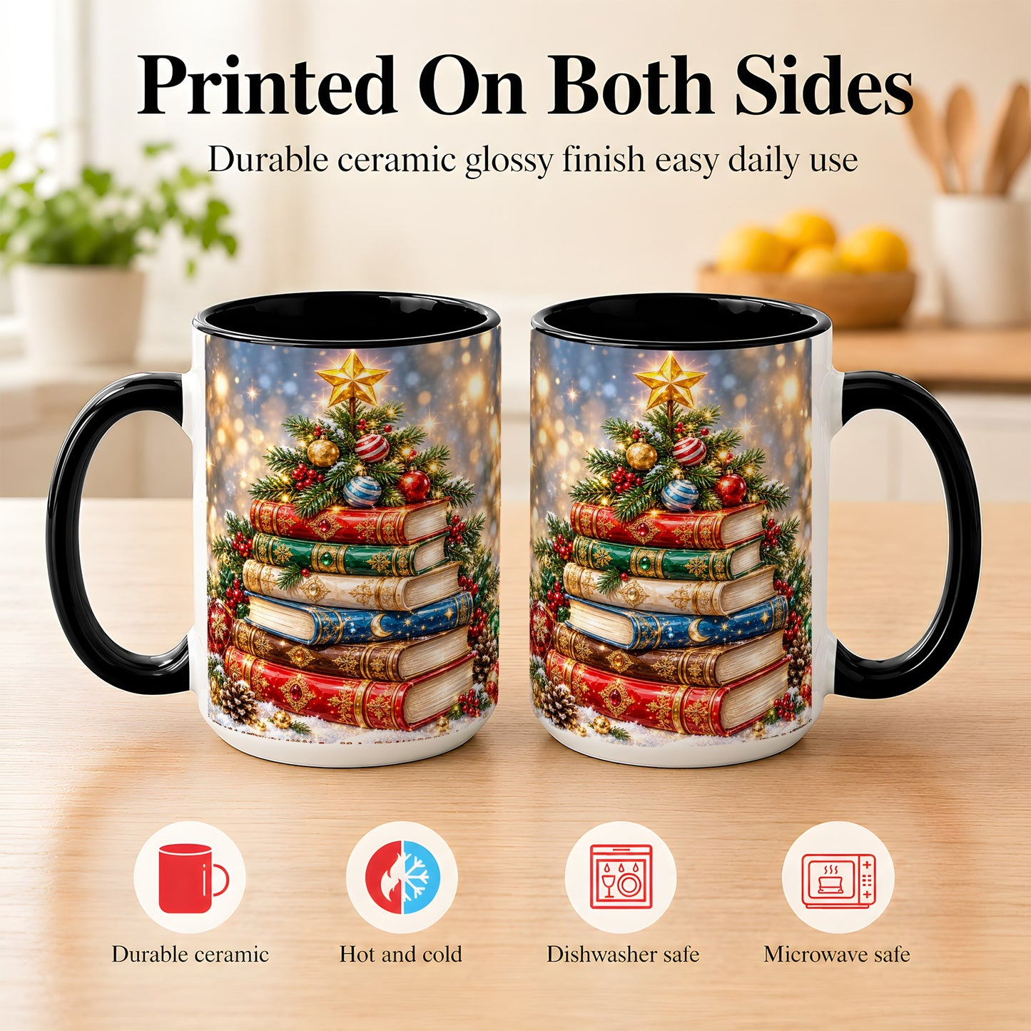 #pl[15oz|Black] Jeweled Christmas Book Tree Coffee Mug, Book Mug, Ceramic Cup