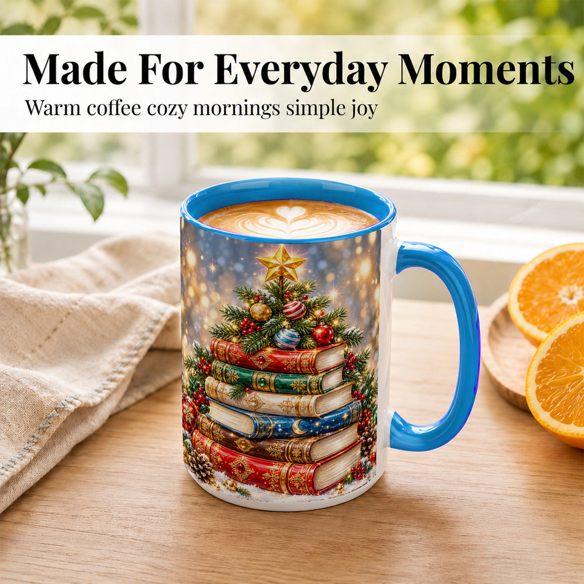 #pl[15oz|Blue] Jeweled Christmas Book Tree Coffee Mug, Book Mug, Ceramic Cup