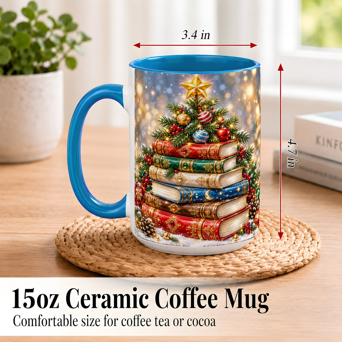 #pl[15oz|Blue] Jeweled Christmas Book Tree Coffee Mug, Book Mug, Ceramic Cup