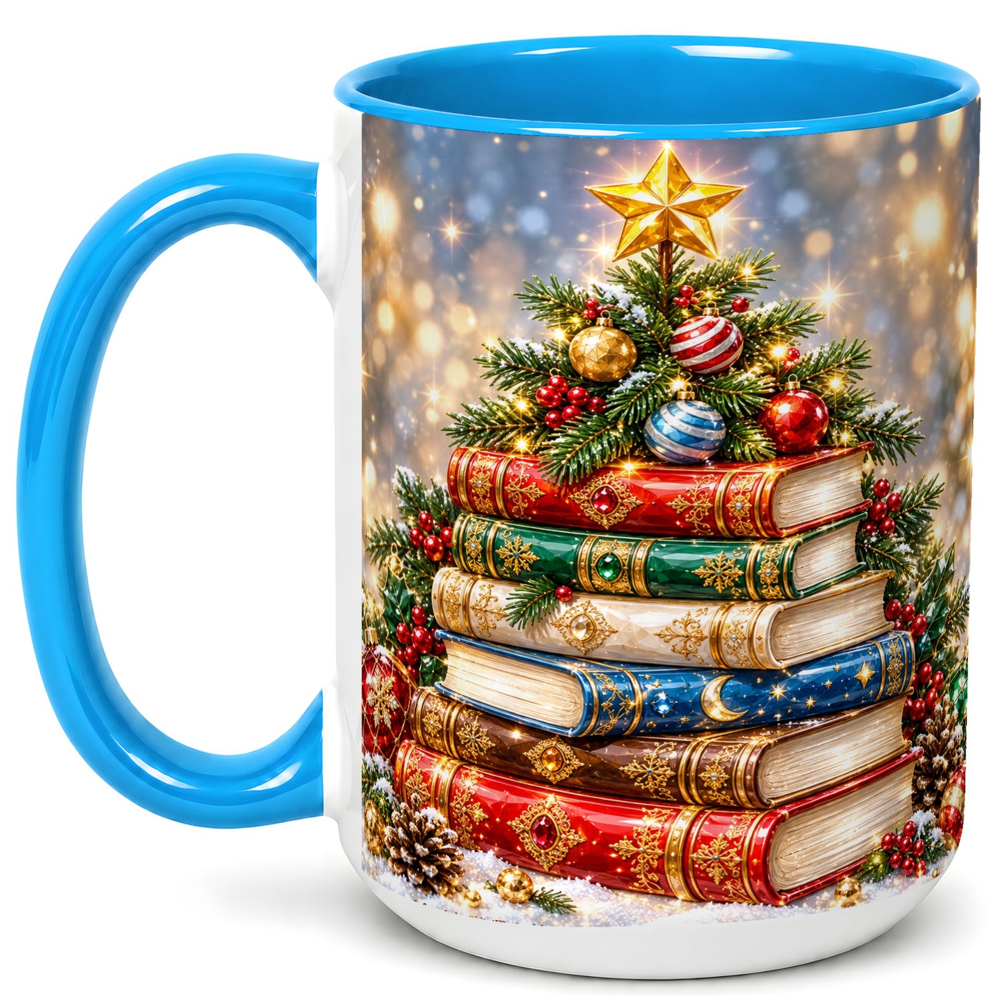 #pl[15oz|Blue] Jeweled Christmas Book Tree Coffee Mug, Book Mug, Ceramic Cup