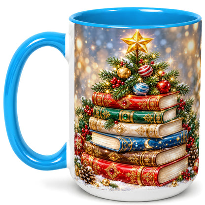 #pl[15oz|Blue] Jeweled Christmas Book Tree Coffee Mug, Book Mug, Ceramic Cup