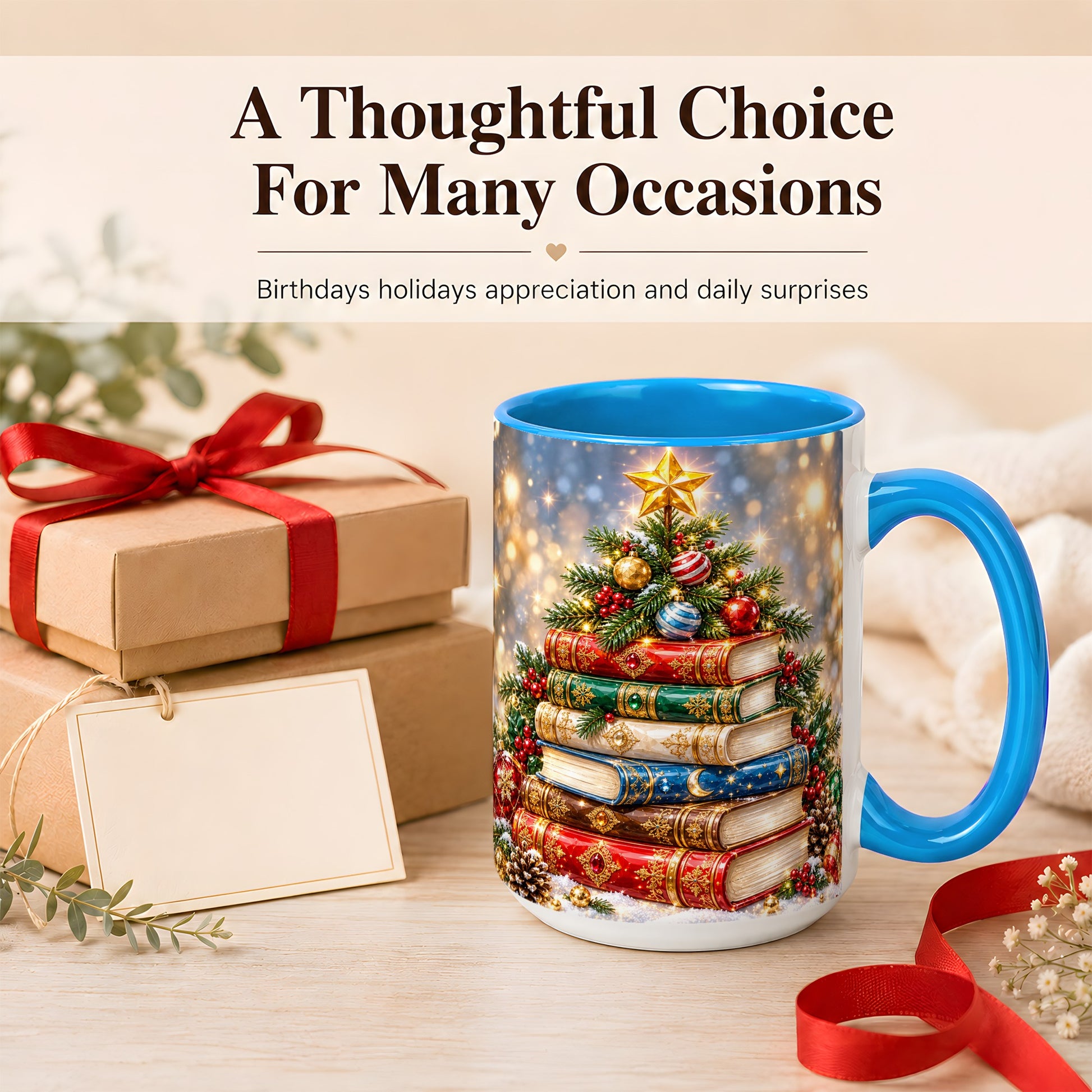#pl[15oz|Blue] Jeweled Christmas Book Tree Coffee Mug, Book Mug, Ceramic Cup
