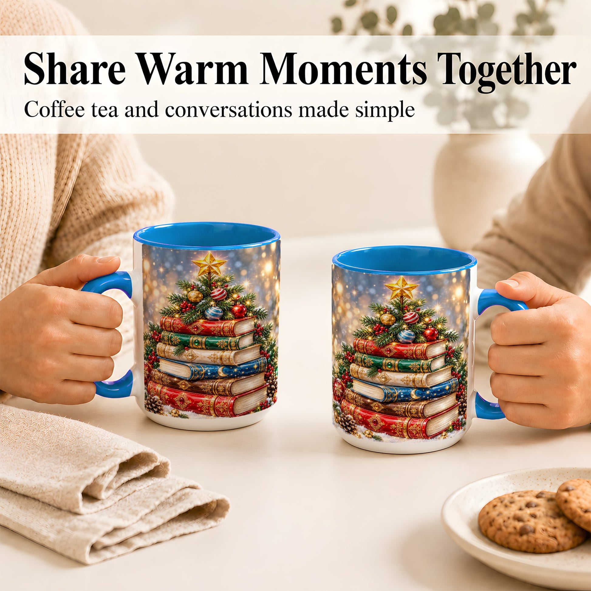 #pl[15oz|Blue] Jeweled Christmas Book Tree Coffee Mug, Book Mug, Ceramic Cup