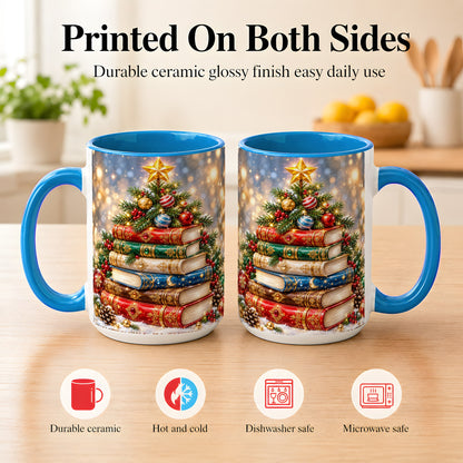 #pl[15oz|Blue] Jeweled Christmas Book Tree Coffee Mug, Book Mug, Ceramic Cup