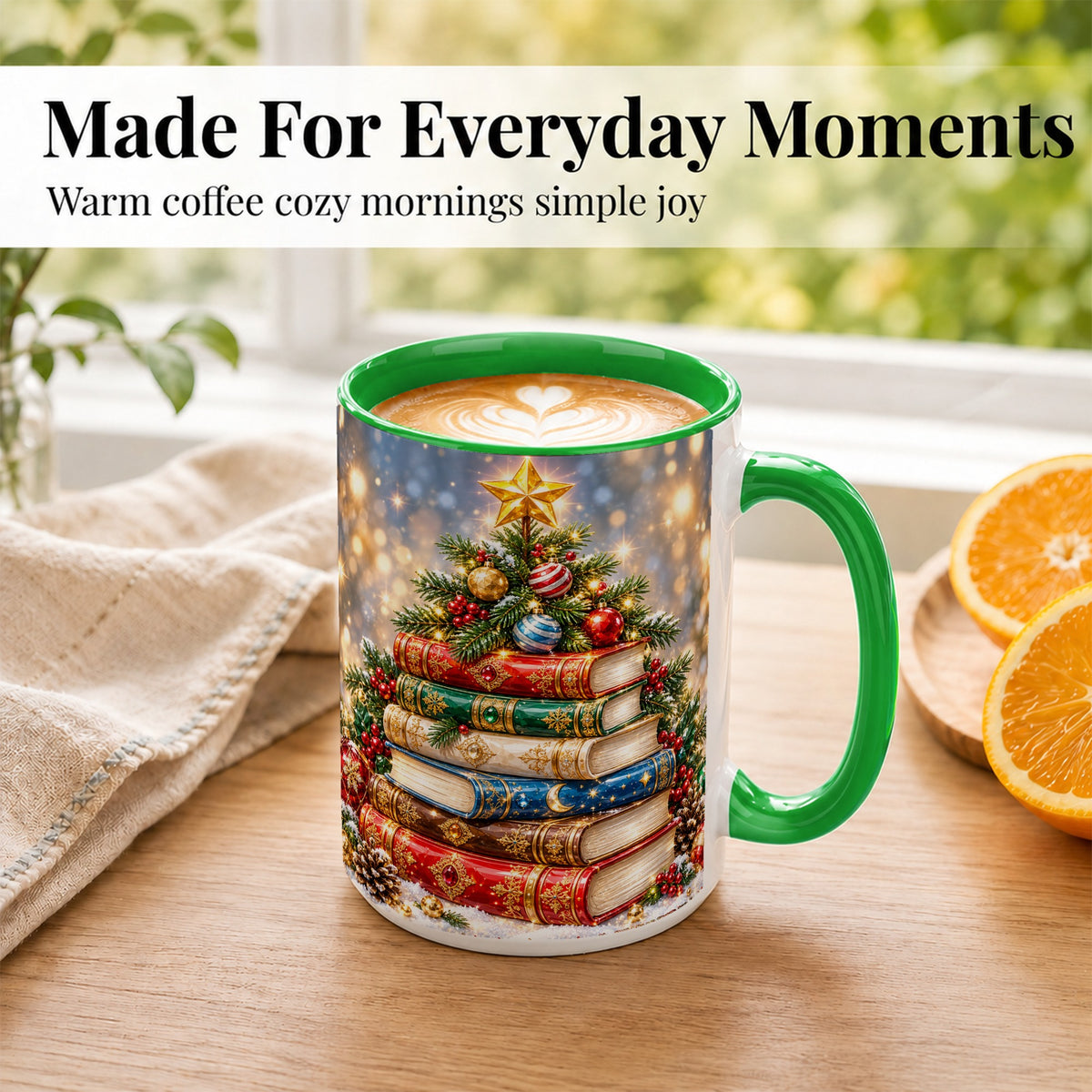 #pl[15oz|Green] Jeweled Christmas Book Tree Coffee Mug, Book Mug, Ceramic Cup