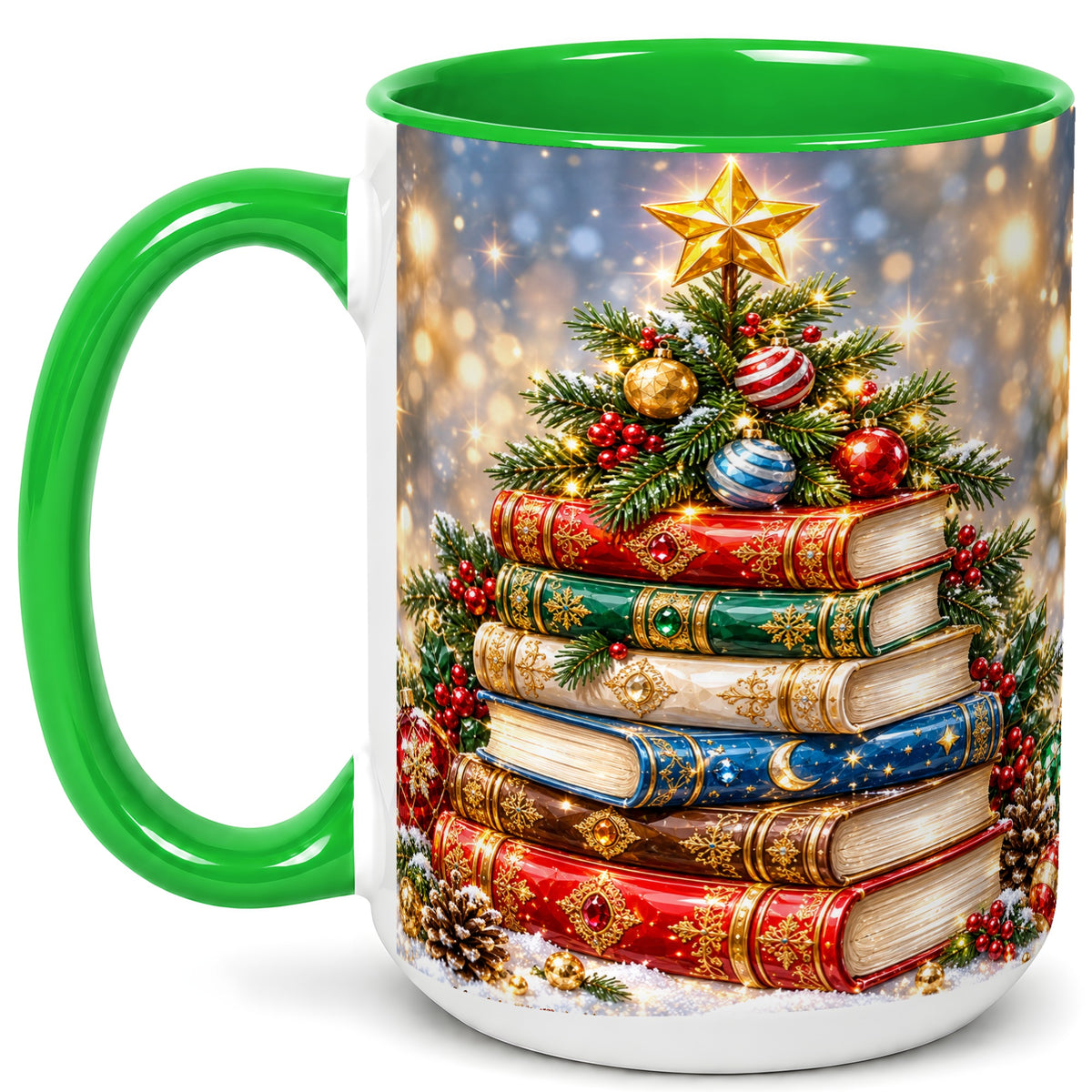 #pl[15oz|Green] Jeweled Christmas Book Tree Coffee Mug, Book Mug, Ceramic Cup