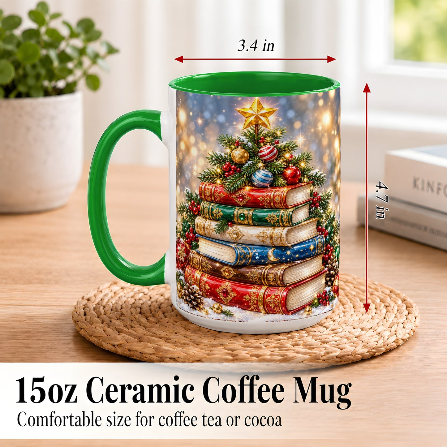 #pl[15oz|Green] Jeweled Christmas Book Tree Coffee Mug, Book Mug, Ceramic Cup