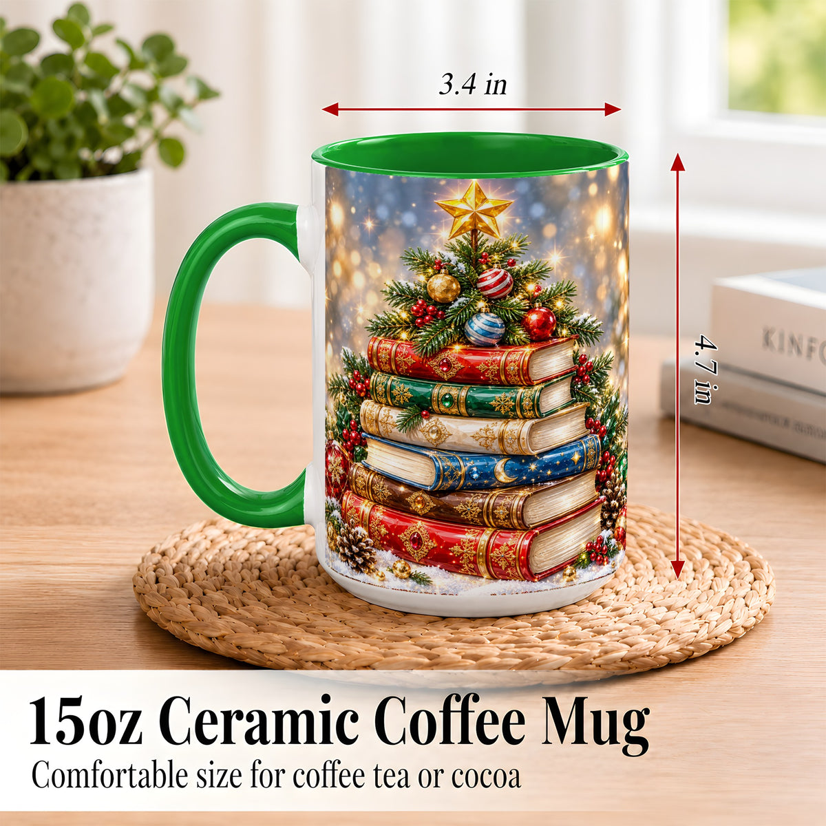 #pl[15oz|Green] Jeweled Christmas Book Tree Coffee Mug, Book Mug, Ceramic Cup