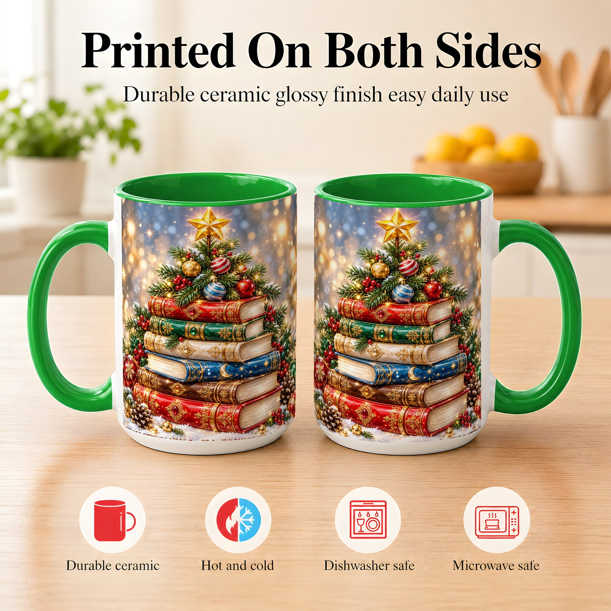 #pl[15oz|Green] Jeweled Christmas Book Tree Coffee Mug, Book Mug, Ceramic Cup