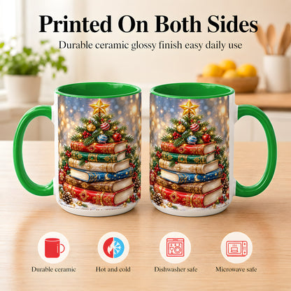#pl[15oz|Green] Jeweled Christmas Book Tree Coffee Mug, Book Mug, Ceramic Cup