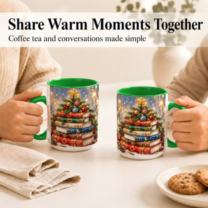 #pl[15oz|Green] Jeweled Christmas Book Tree Coffee Mug, Book Mug, Ceramic Cup