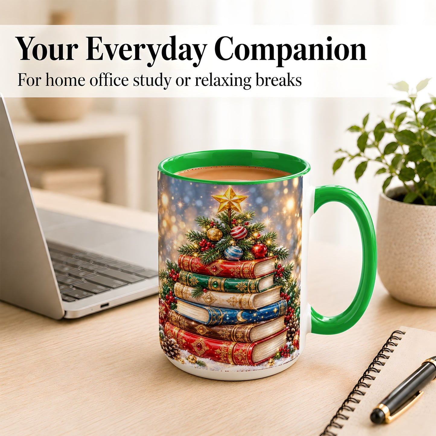 #pl[15oz|Green] Jeweled Christmas Book Tree Coffee Mug, Book Mug, Ceramic Cup