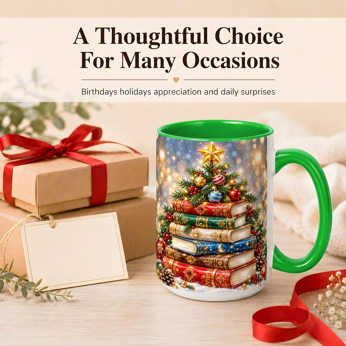 #pl[15oz|Green] Jeweled Christmas Book Tree Coffee Mug, Book Mug, Ceramic Cup