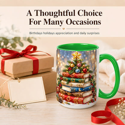 #pl[15oz|Green] Jeweled Christmas Book Tree Coffee Mug, Book Mug, Ceramic Cup