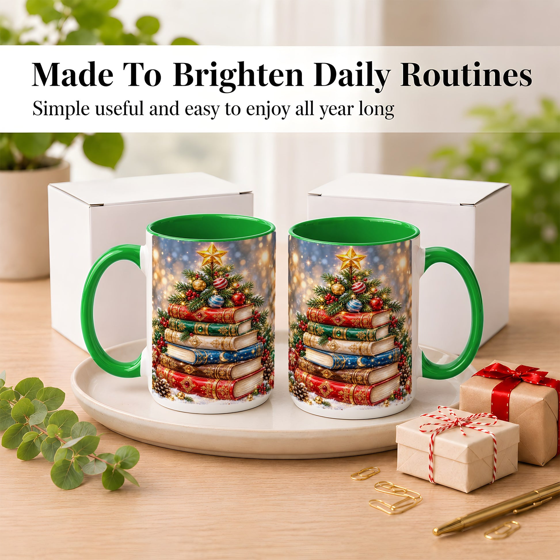 #pl[15oz|Green] Jeweled Christmas Book Tree Coffee Mug, Book Mug, Ceramic Cup