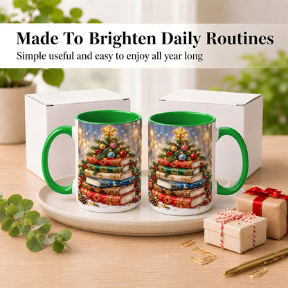 #pl[15oz|Green] Jeweled Christmas Book Tree Coffee Mug, Book Mug, Ceramic Cup