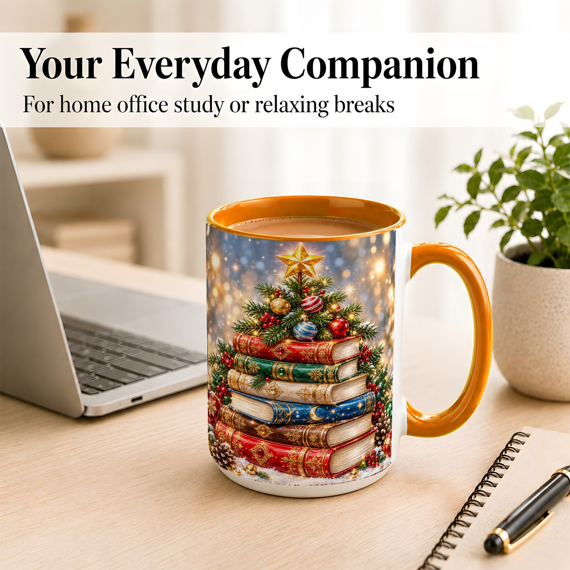 #pl[15oz|Orange] Jeweled Christmas Book Tree Coffee Mug, Book Mug, Ceramic Cup