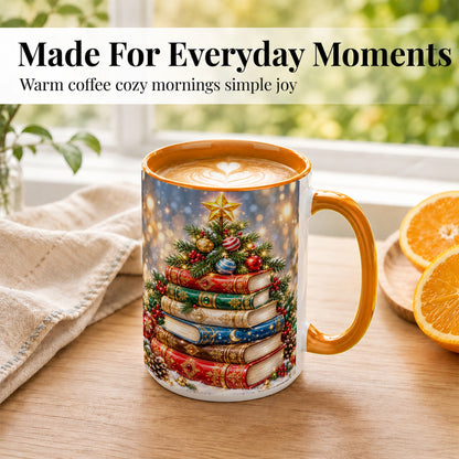 #pl[15oz|Orange] Jeweled Christmas Book Tree Coffee Mug, Book Mug, Ceramic Cup