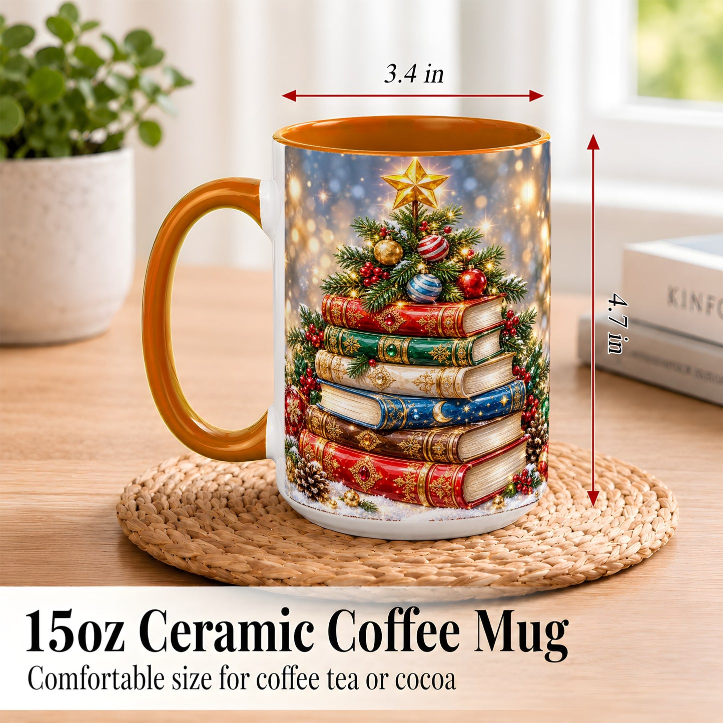 #pl[15oz|Orange] Jeweled Christmas Book Tree Coffee Mug, Book Mug, Ceramic Cup