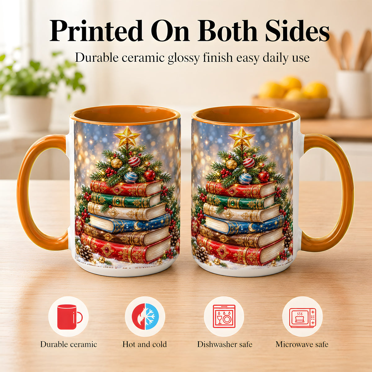 #pl[15oz|Orange] Jeweled Christmas Book Tree Coffee Mug, Book Mug, Ceramic Cup