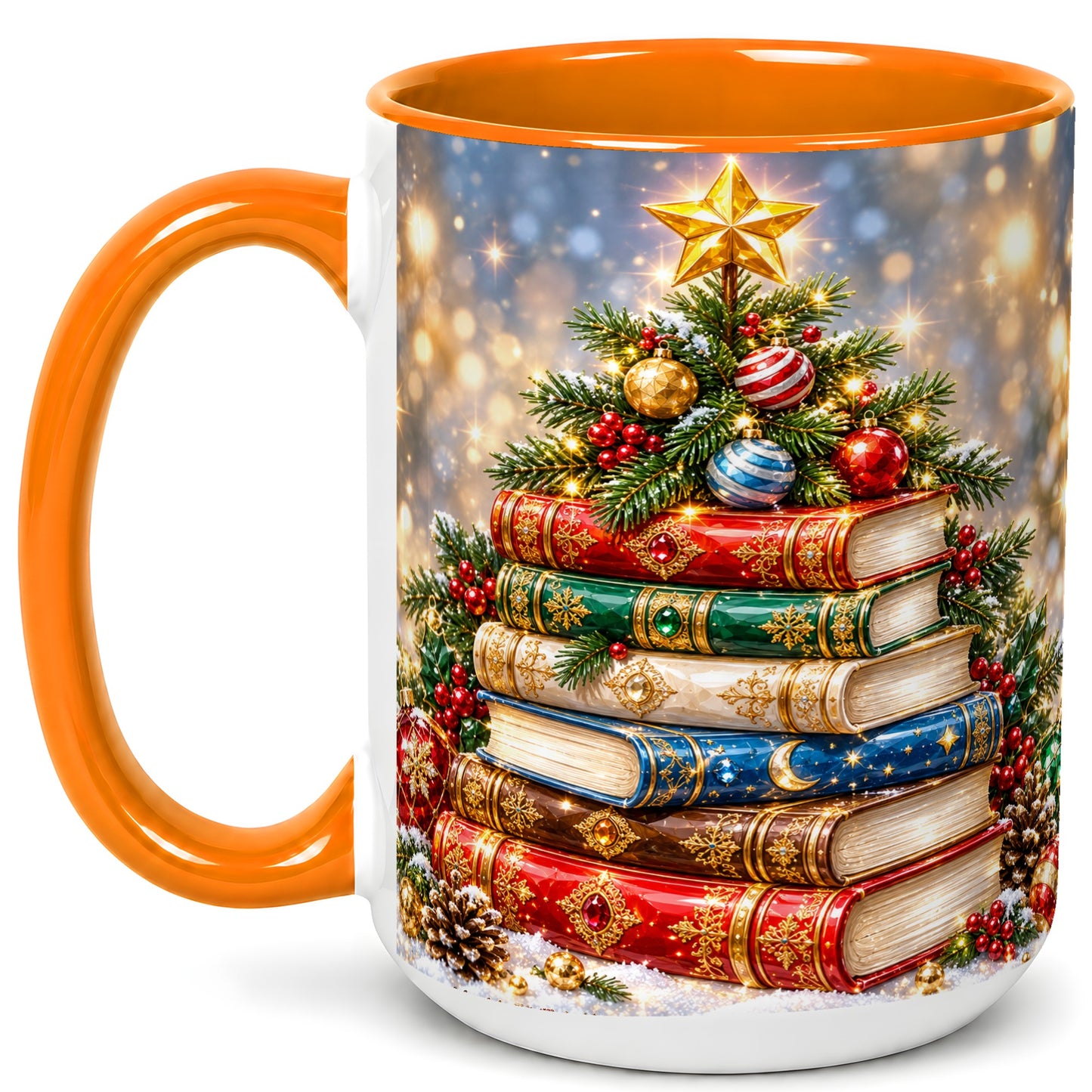 #pl[15oz|Orange] Jeweled Christmas Book Tree Coffee Mug, Book Mug, Ceramic Cup