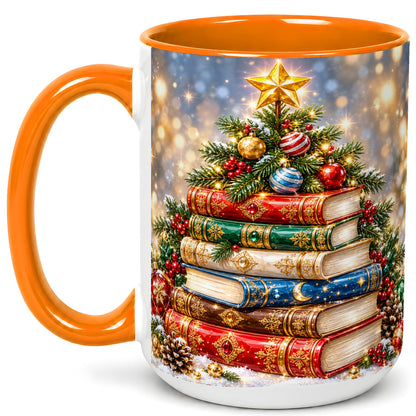 #pl[15oz|Orange] Jeweled Christmas Book Tree Coffee Mug, Book Mug, Ceramic Cup