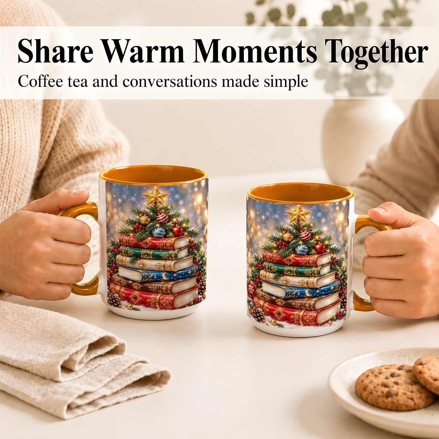 #pl[15oz|Orange] Jeweled Christmas Book Tree Coffee Mug, Book Mug, Ceramic Cup