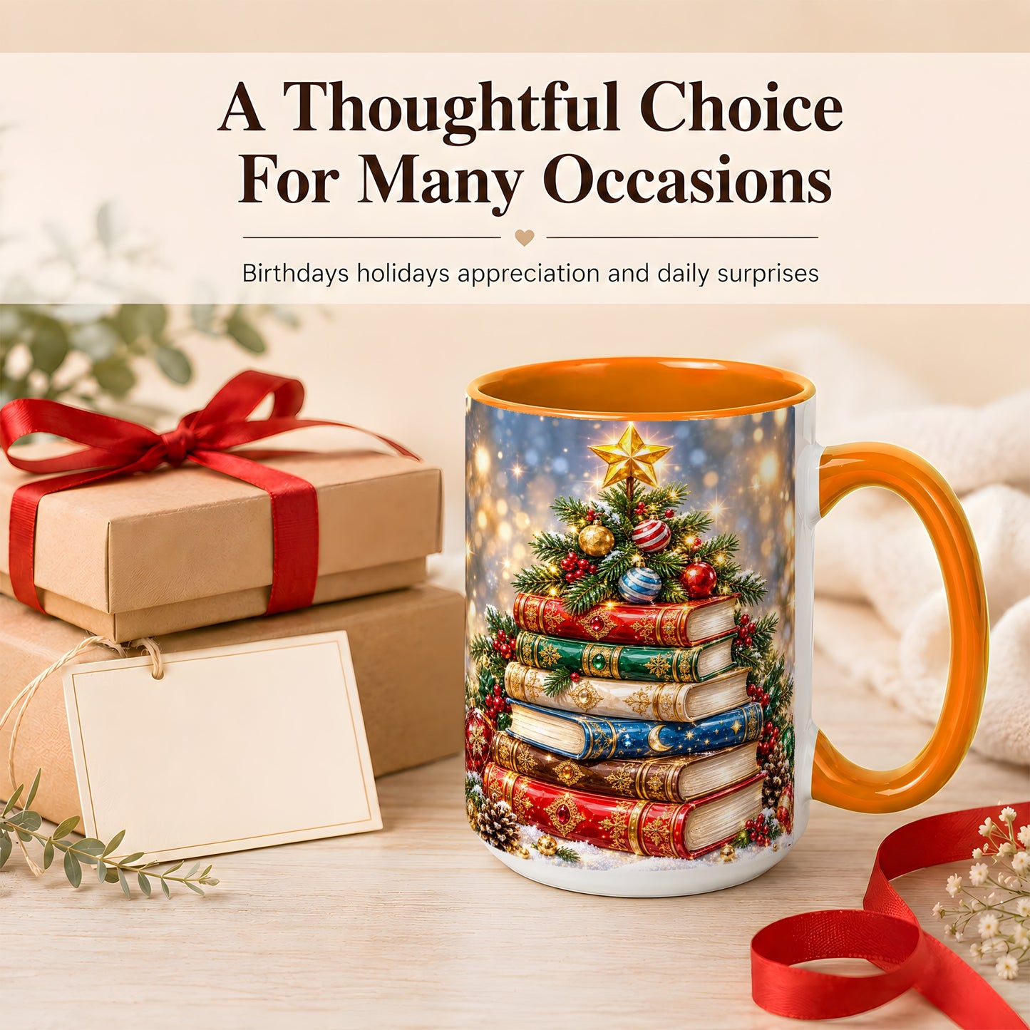 #pl[15oz|Orange] Jeweled Christmas Book Tree Coffee Mug, Book Mug, Ceramic Cup