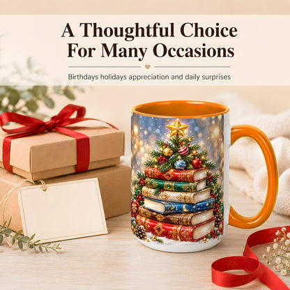 #pl[15oz|Orange] Jeweled Christmas Book Tree Coffee Mug, Book Mug, Ceramic Cup