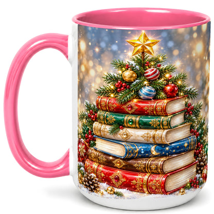 #pl[15oz|Pink] Jeweled Christmas Book Tree Coffee Mug, Book Mug, Ceramic Cup