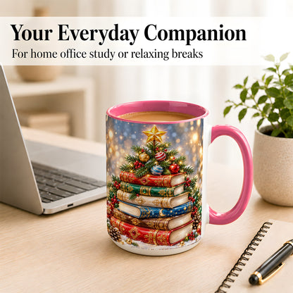 #pl[15oz|Pink] Jeweled Christmas Book Tree Coffee Mug, Book Mug, Ceramic Cup