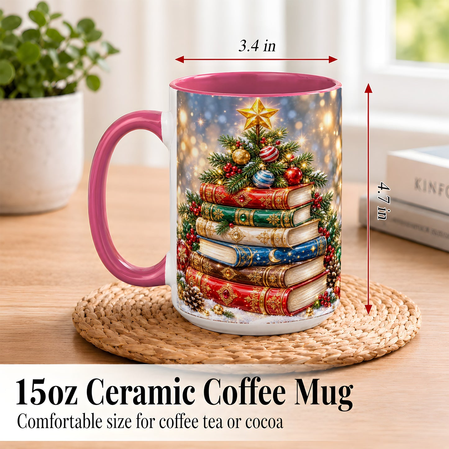 #pl[15oz|Pink] Jeweled Christmas Book Tree Coffee Mug, Book Mug, Ceramic Cup