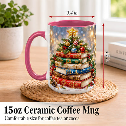 #pl[15oz|Pink] Jeweled Christmas Book Tree Coffee Mug, Book Mug, Ceramic Cup