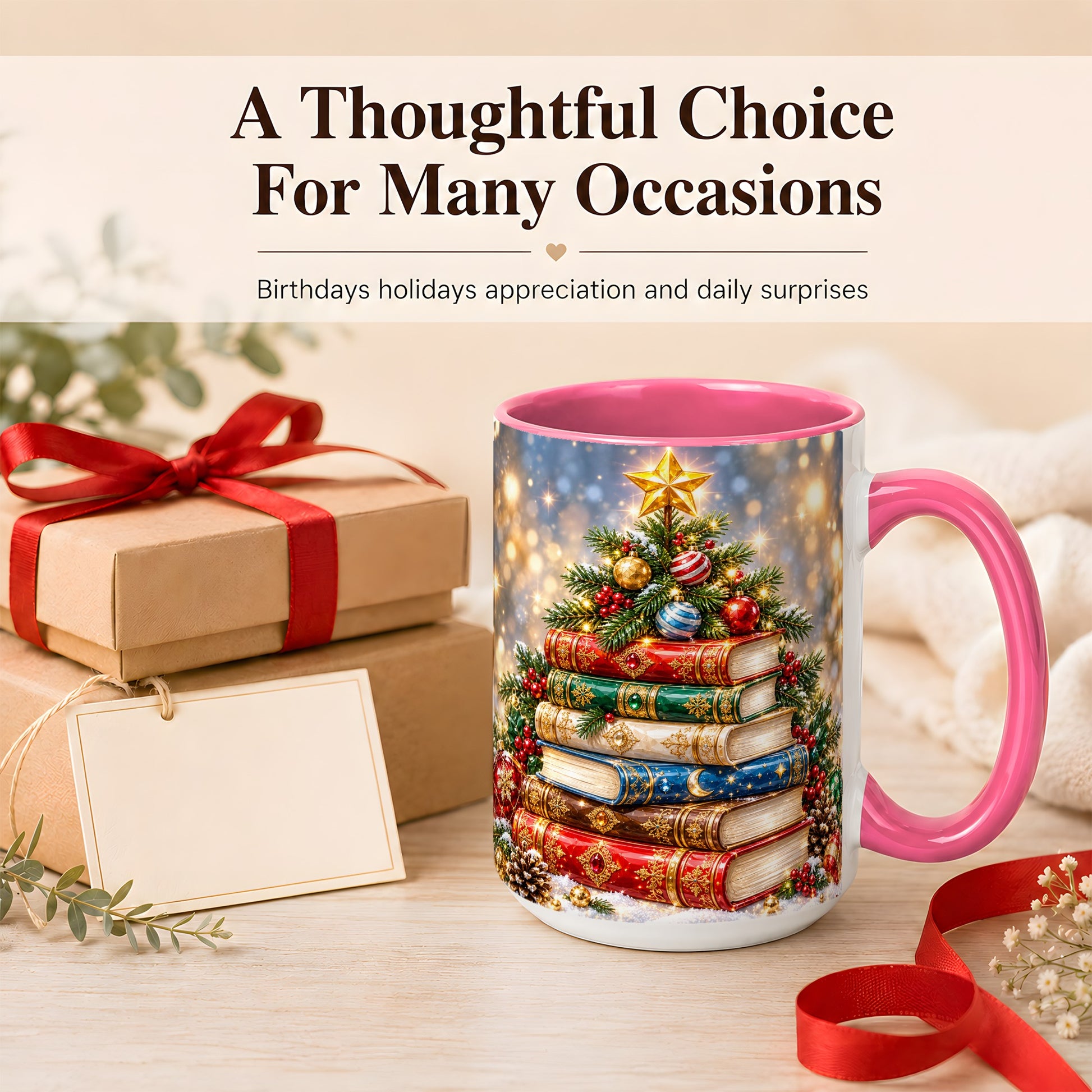 #pl[15oz|Pink] Jeweled Christmas Book Tree Coffee Mug, Book Mug, Ceramic Cup