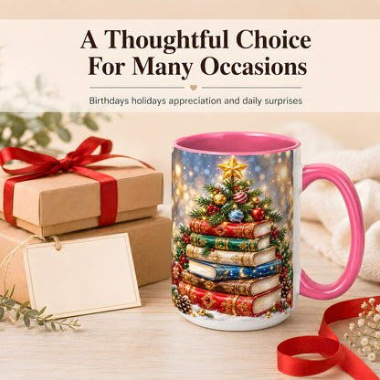 #pl[15oz|Pink] Jeweled Christmas Book Tree Coffee Mug, Book Mug, Ceramic Cup