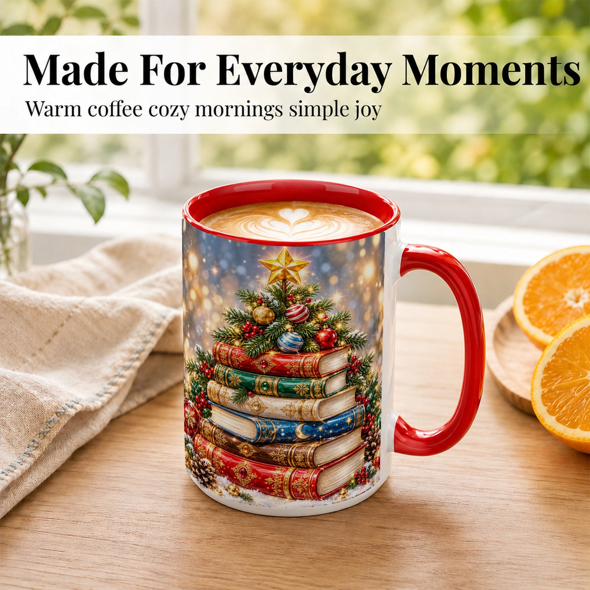 #pl[15oz|Red] Jeweled Christmas Book Tree Coffee Mug, Book Mug, Ceramic Cup