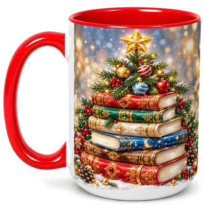 #pl[15oz|Red] Jeweled Christmas Book Tree Coffee Mug, Book Mug, Ceramic Cup