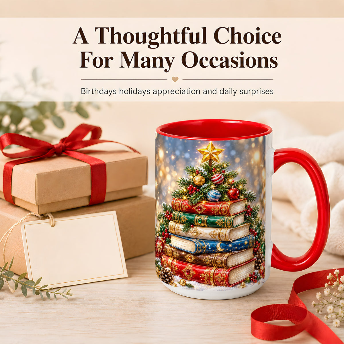 #pl[15oz|Red] Jeweled Christmas Book Tree Coffee Mug, Book Mug, Ceramic Cup
