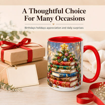 #pl[15oz|Red] Jeweled Christmas Book Tree Coffee Mug, Book Mug, Ceramic Cup