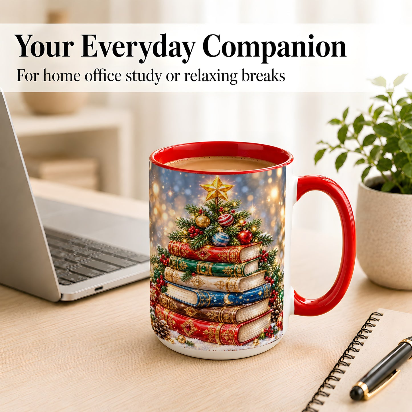 #pl[15oz|Red] Jeweled Christmas Book Tree Coffee Mug, Book Mug, Ceramic Cup