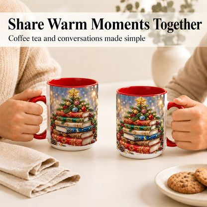 #pl[15oz|Red] Jeweled Christmas Book Tree Coffee Mug, Book Mug, Ceramic Cup