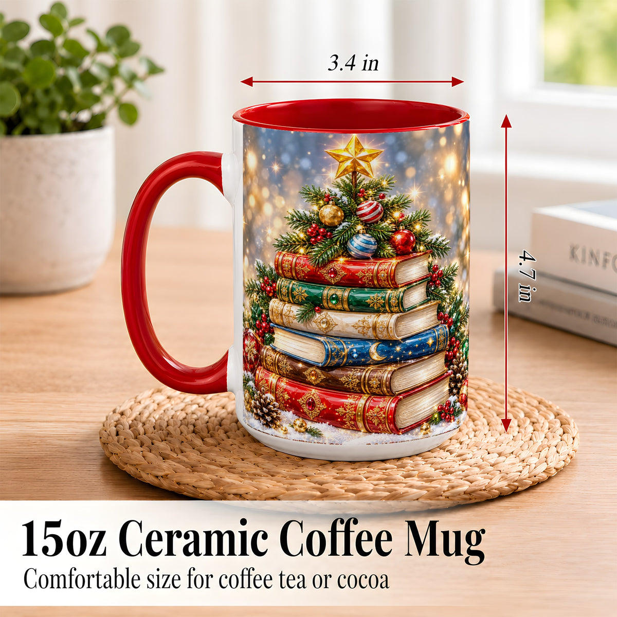 #pl[15oz|Red] Jeweled Christmas Book Tree Coffee Mug, Book Mug, Ceramic Cup