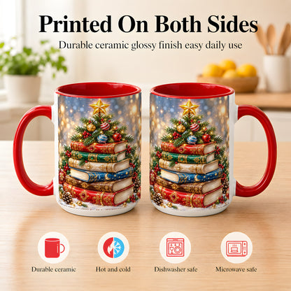 #pl[15oz|Red] Jeweled Christmas Book Tree Coffee Mug, Book Mug, Ceramic Cup