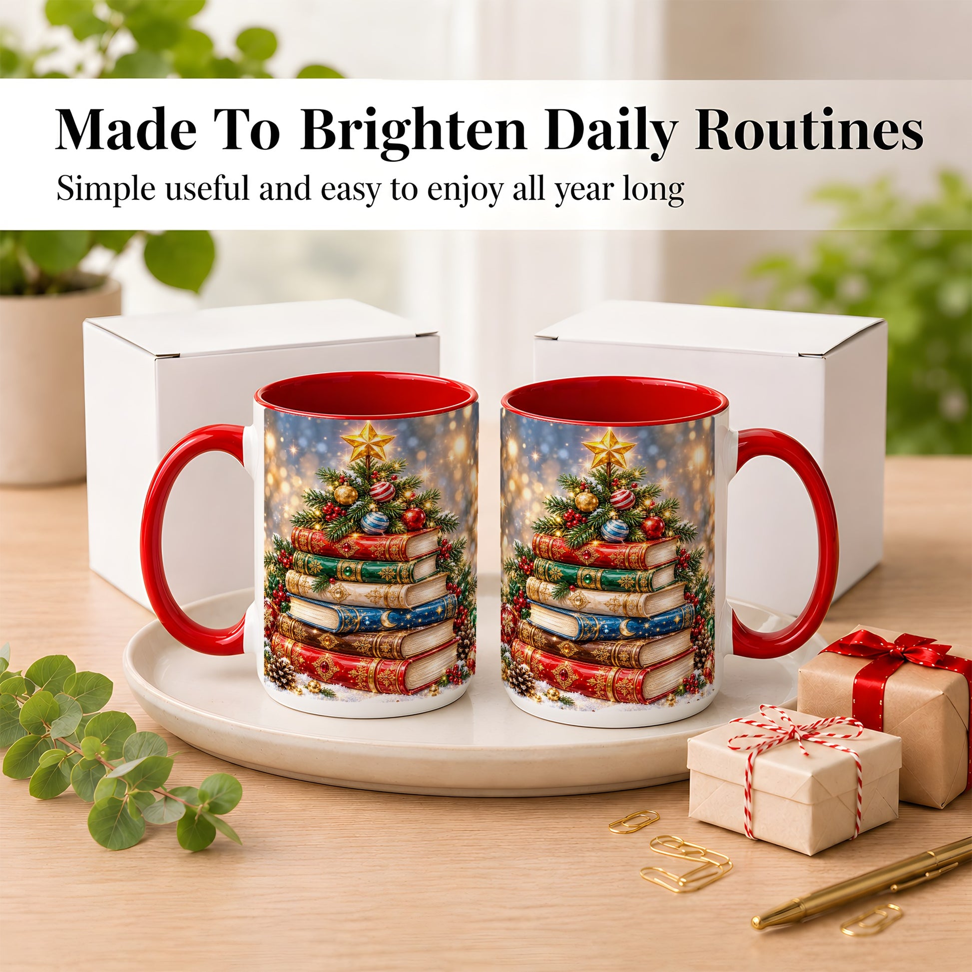 #pl[15oz|Red] Jeweled Christmas Book Tree Coffee Mug, Book Mug, Ceramic Cup