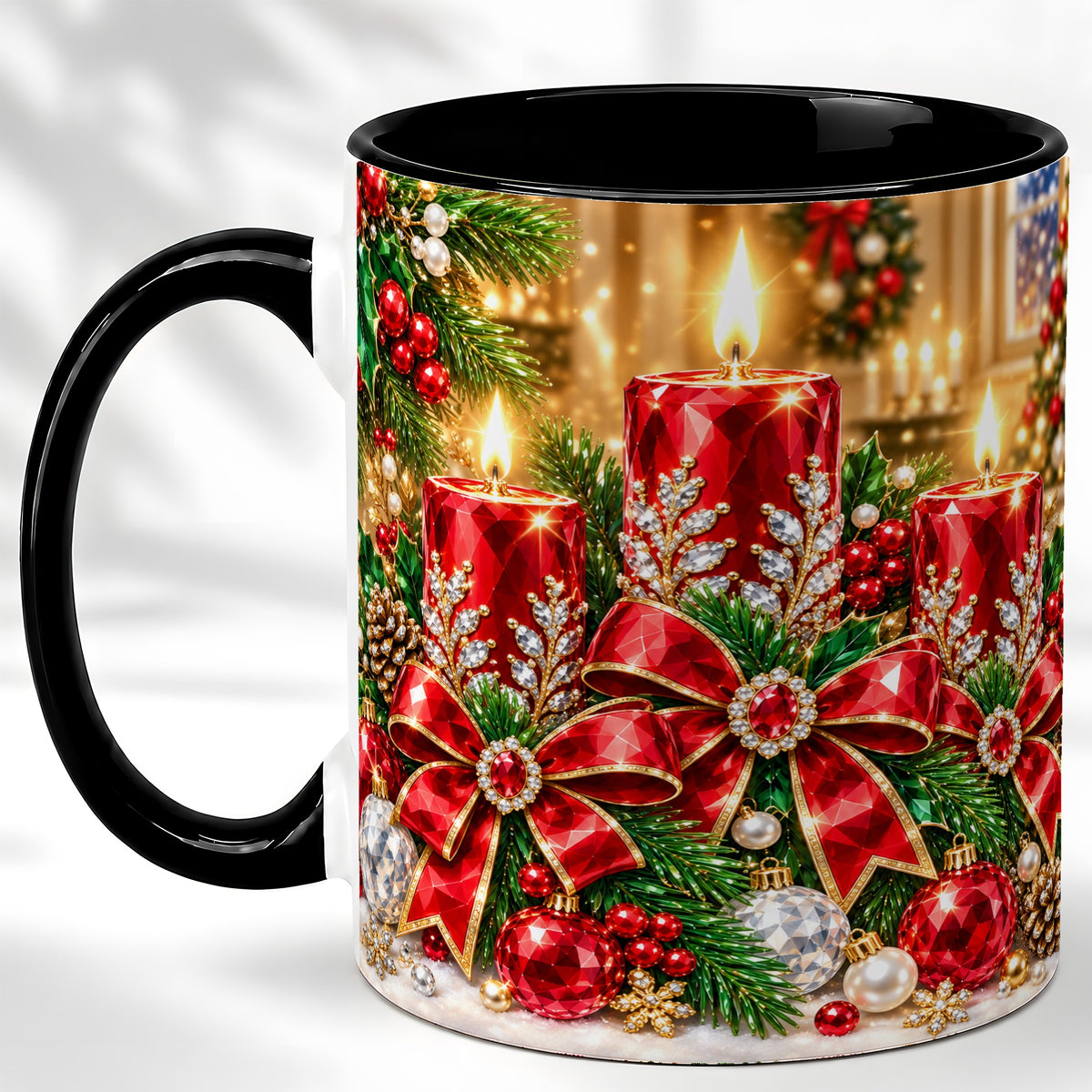 #pl[11oz|Black] Christmas Candle Coffee Mug, Red Bow Holiday Mug, Ceramic Cup