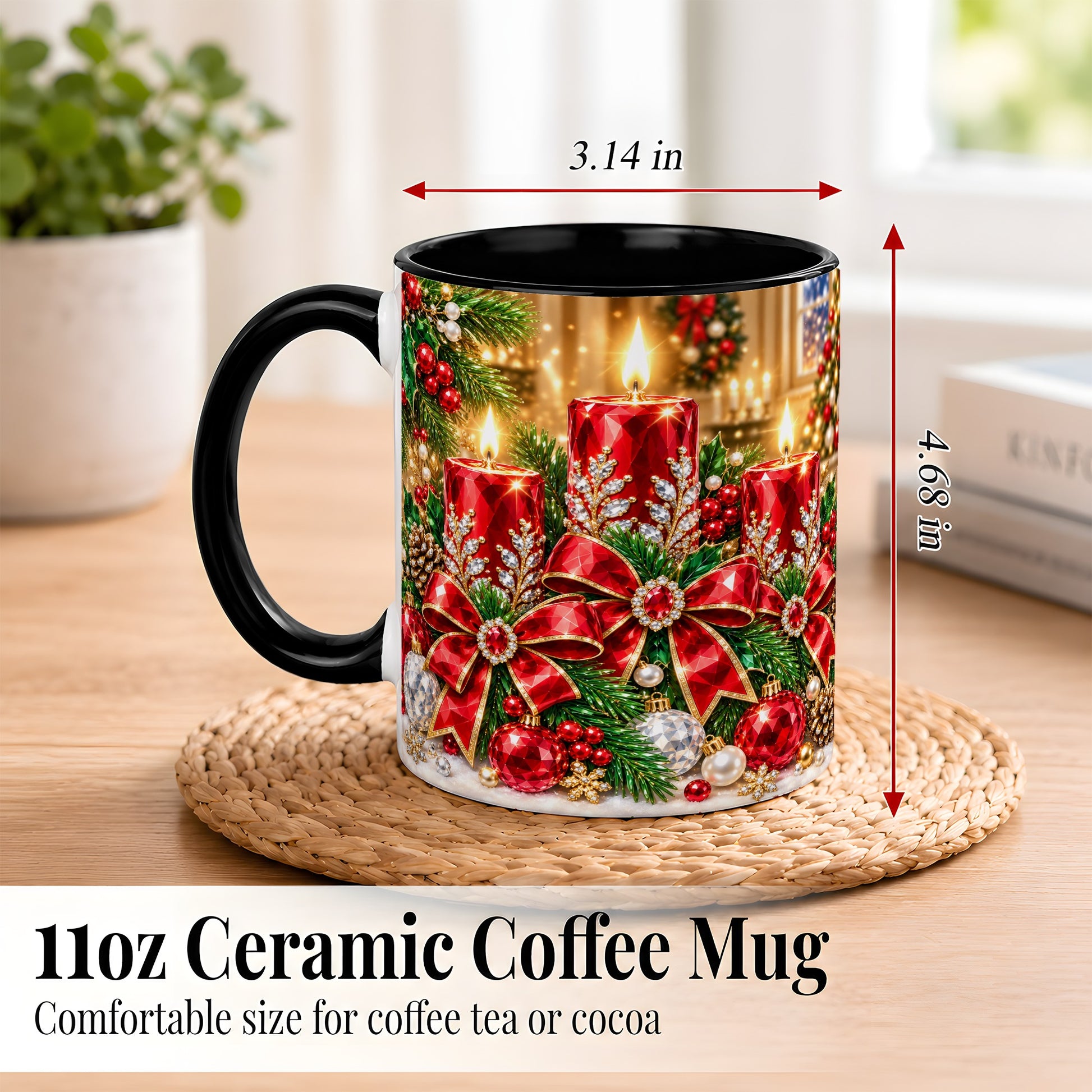 #pl[11oz|Black] Christmas Candle Coffee Mug, Red Bow Holiday Mug, Ceramic Cup