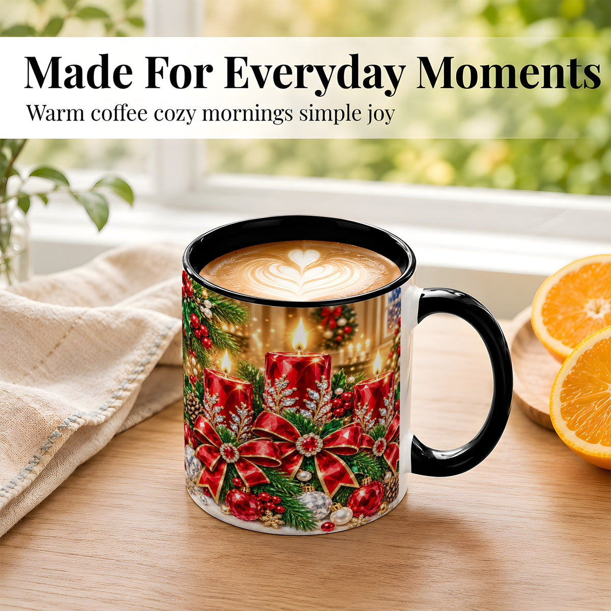 #pl[11oz|Black] Christmas Candle Coffee Mug, Red Bow Holiday Mug, Ceramic Cup