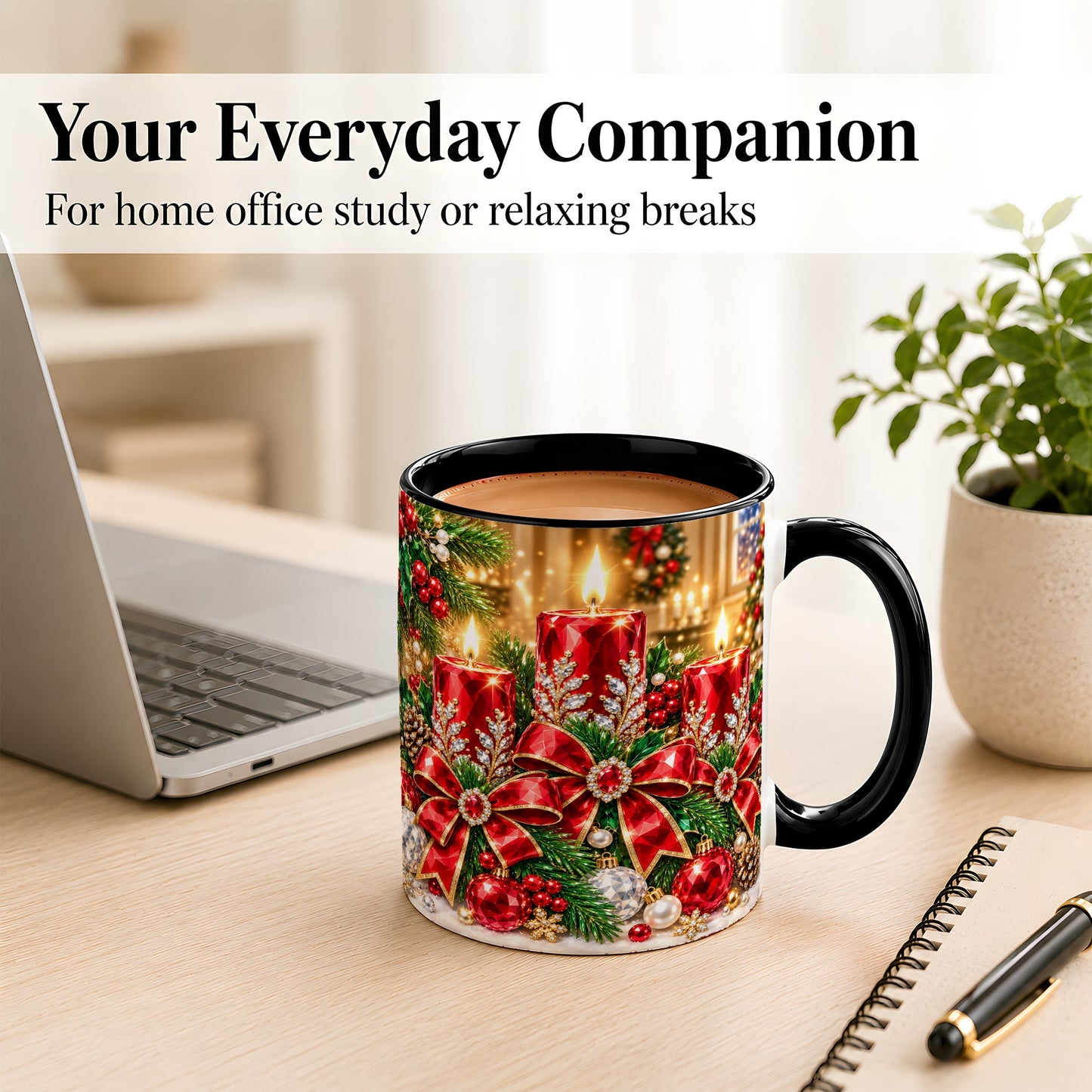#pl[11oz|Black] Christmas Candle Coffee Mug, Red Bow Holiday Mug, Ceramic Cup